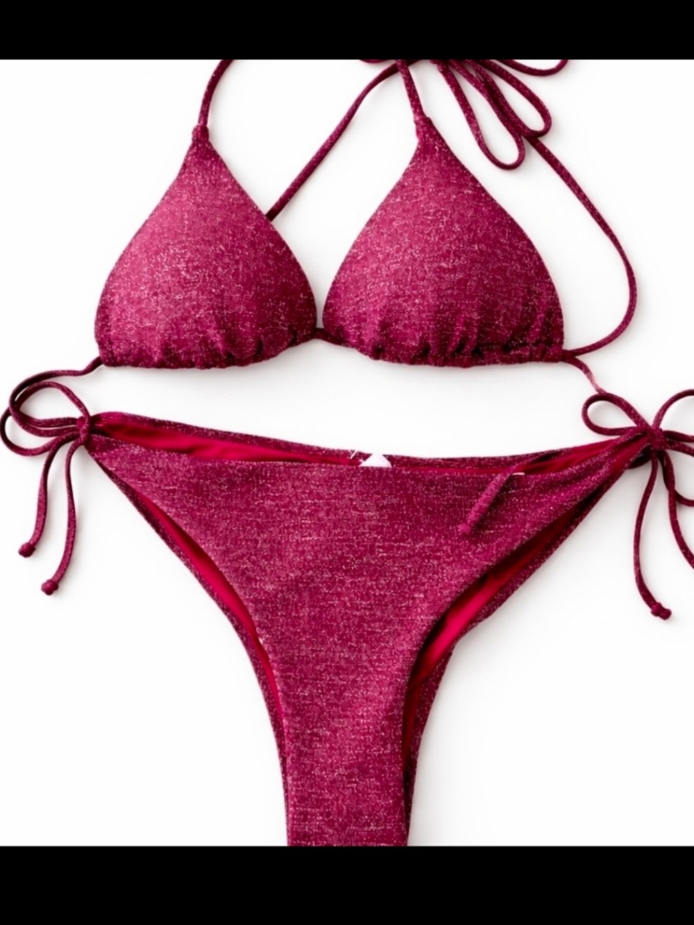 Shimmery Burgundy Bikini Set 🩷
Size L - adjustable straps. 

#glitter #bikini